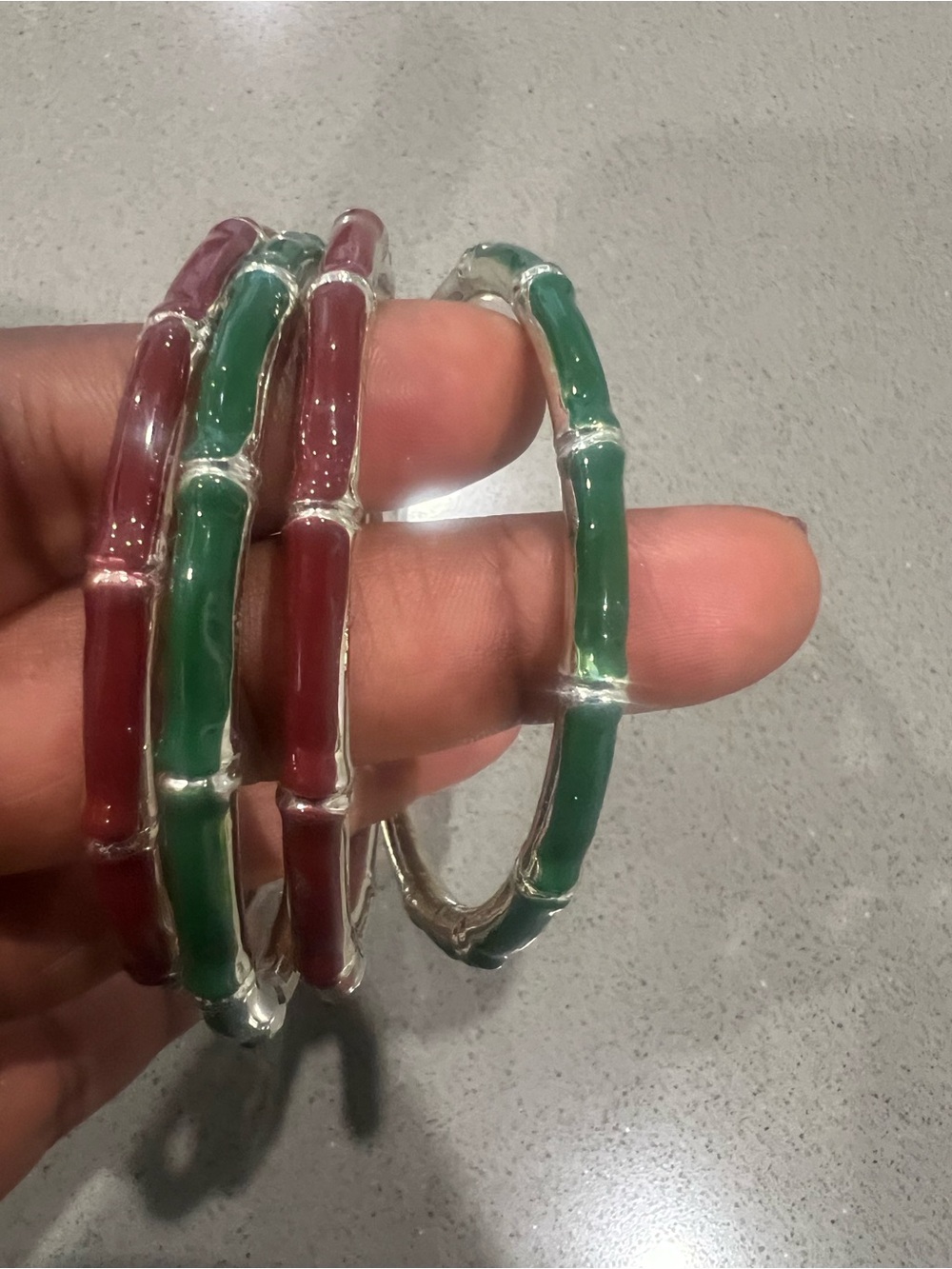 Enamel Bamboo-Style Bangle Set in Green and Burgundy